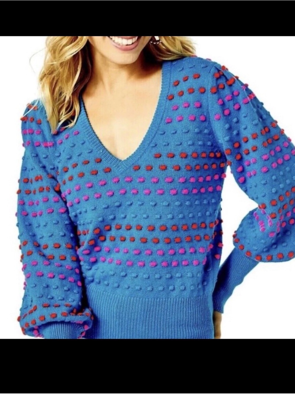 Lilly Pulitzer Bright Blue V-Neck Sweater with Pink and Red Dot Texture